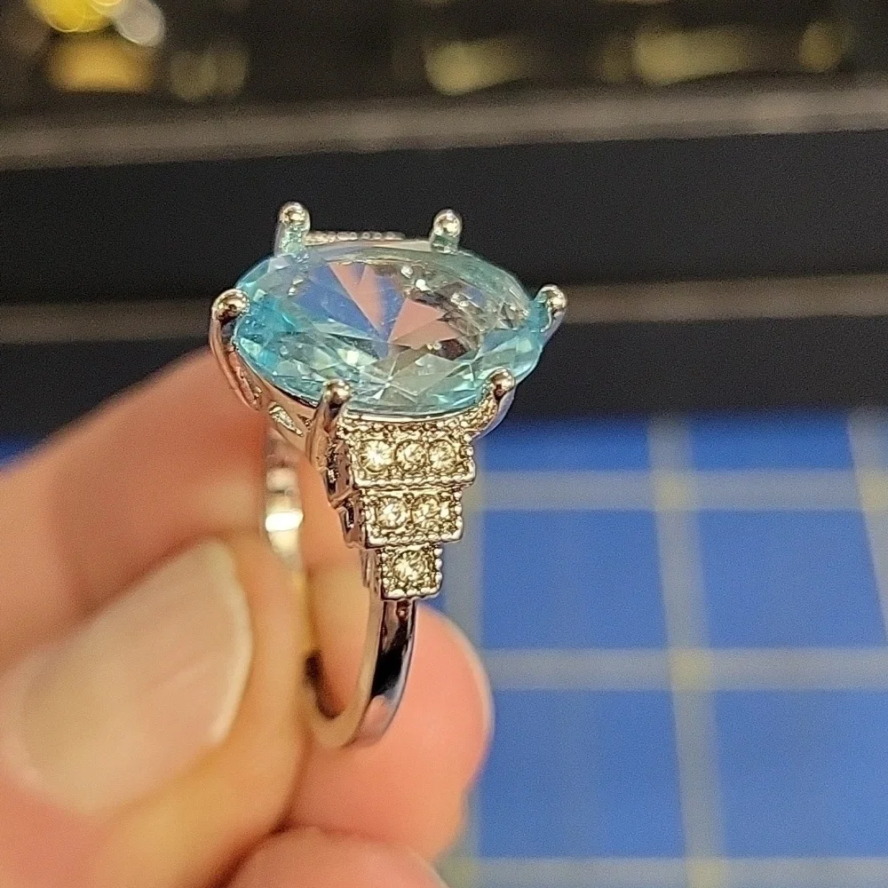 Aquamarine Faux Stone Silver Tone Ring Size 10